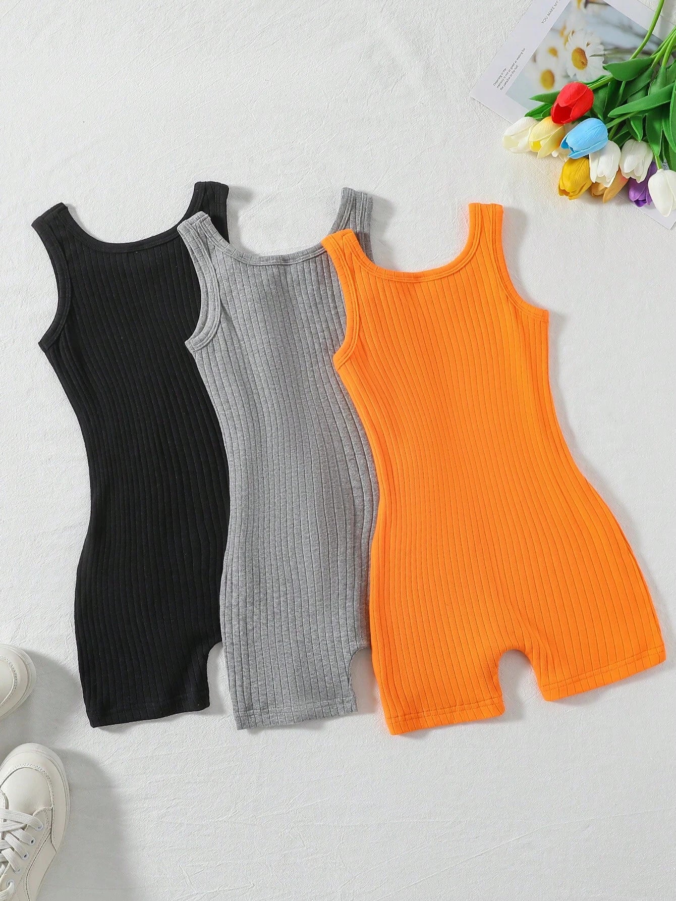 3 Pcs Young Girl Casual Basic Street Style Tight Jumpsuit Set Bodysuits for Young Girl