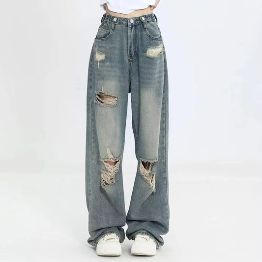 American Retro Hole-Punched Jeans Women High Waist Straight-Crotch Loose Slim Design High-Street Vibe Wide-Legged Dragging Pants