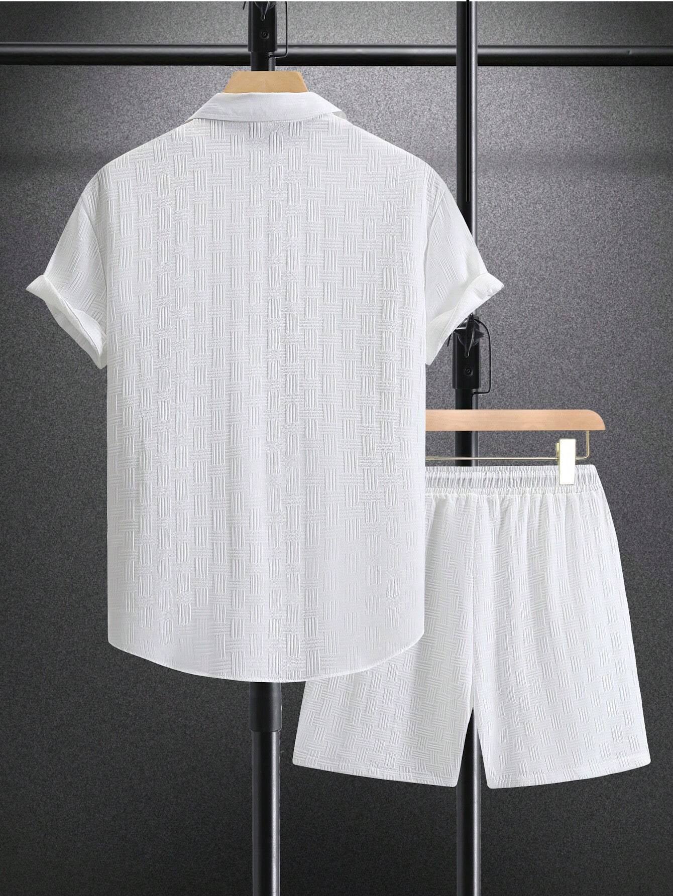 Manfinity Homme Men Solid Button up Shirt & Shorts Set, Vacation Plain Husband Casual Clothes