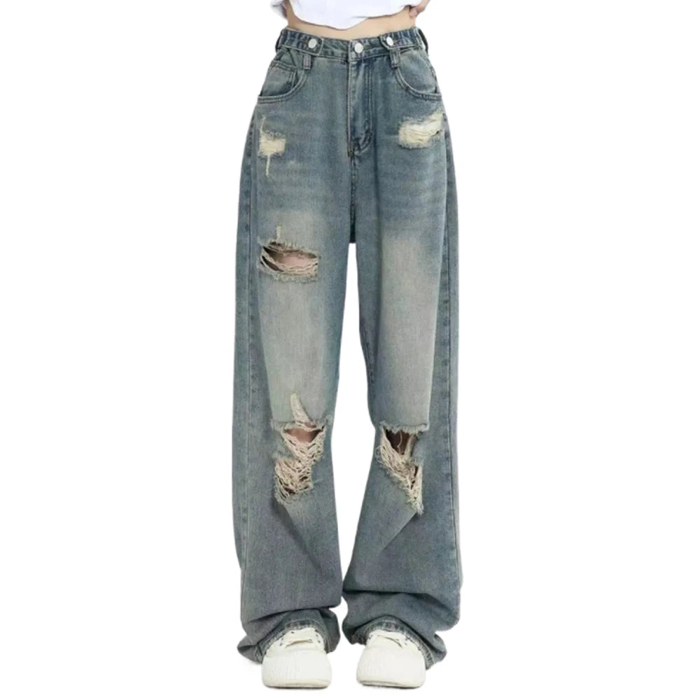 American Retro Hole-Punched Jeans Women High Waist Straight-Crotch Loose Slim Design High-Street Vibe Wide-Legged Dragging Pants