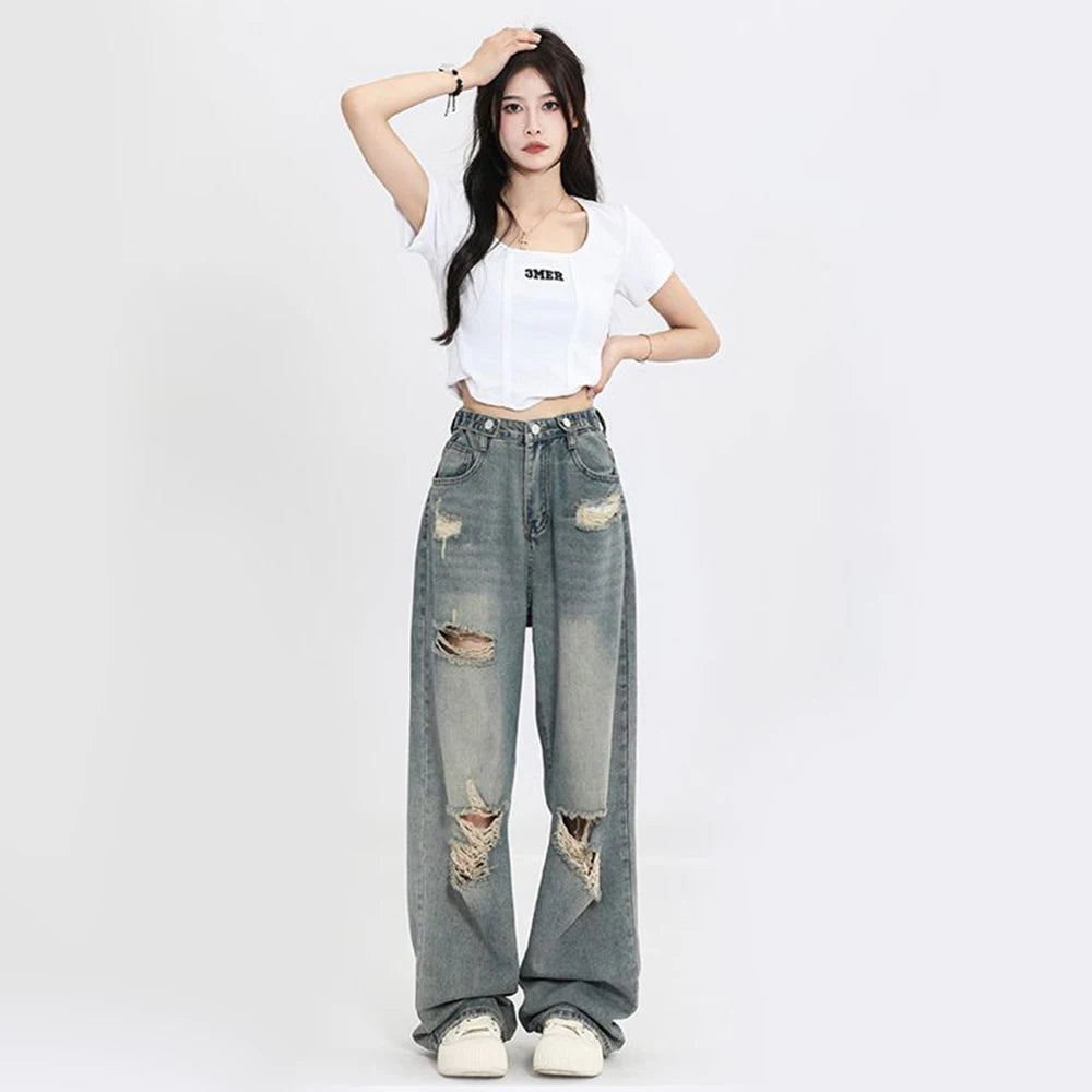 American Retro Hole-Punched Jeans Women High Waist Straight-Crotch Loose Slim Design High-Street Vibe Wide-Legged Dragging Pants