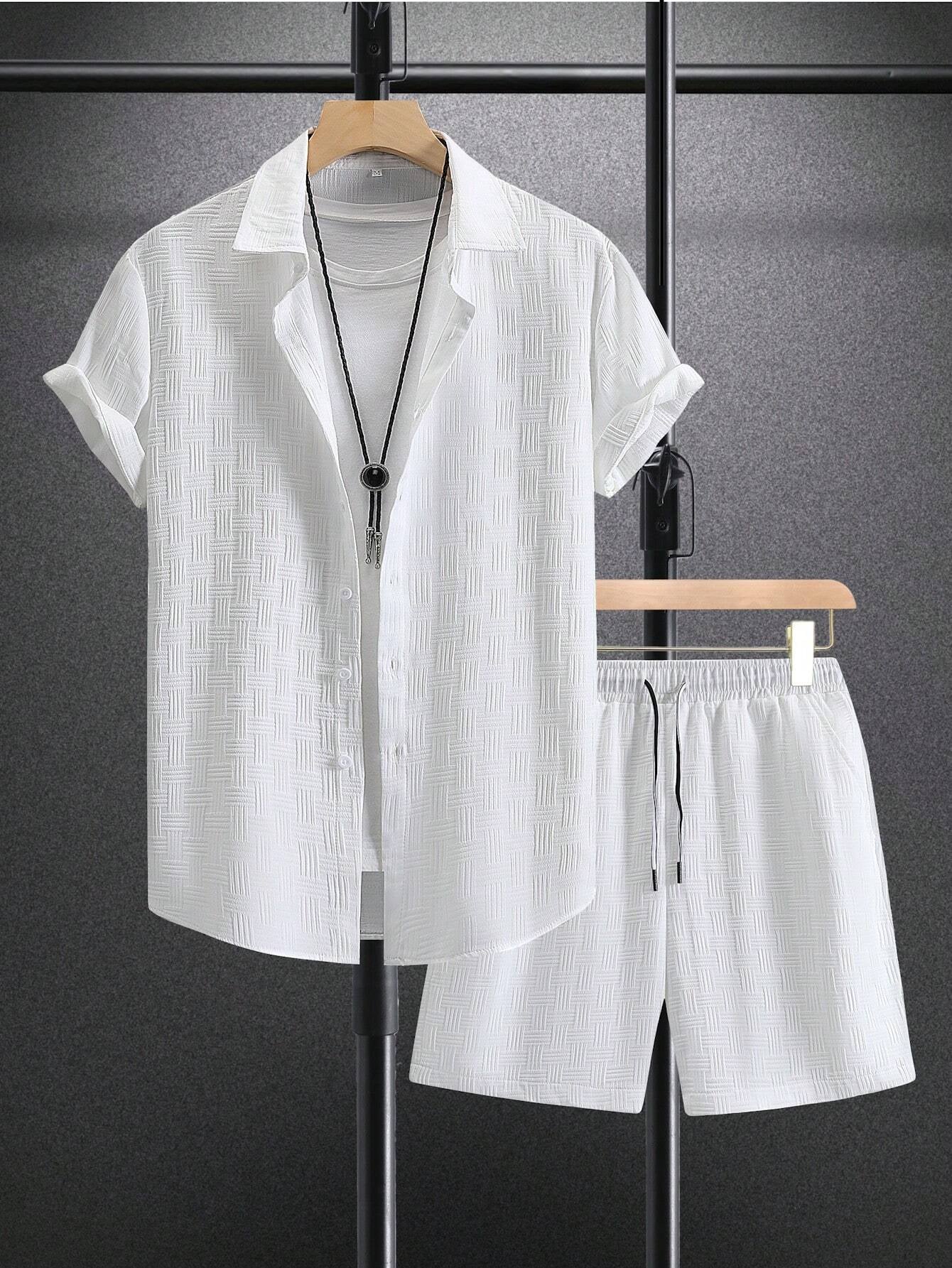 Manfinity Homme Men Solid Button up Shirt & Shorts Set, Vacation Plain Husband Casual Clothes